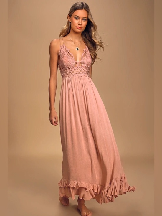 Dresses & Skirts - Free People Adella Maxi Slip Dress Pink Lace Boho Criss Cross Back